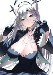 Rule 34 | 1girl, ahoge, animal ear fluff, animal ears, black dress, black gloves, blue archive, breasts, broken halo, choker, dark halo, double v, dress, extra ears, gloves, grey hair, halo, highres, large breasts, long hair, looking at viewer, mismatched pupils, nidaime (doronbo), shiroko terror (blue archive), solo, v, wolf ears