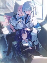 Rule 34 | 3girls, absurdres, arm hug, black pantyhose, blazer, blue archive, blue hair, blue necktie, closed eyes, closed mouth, commentary, couch, day, halo, higashigure, highres, jacket, koyuki (blue archive), lap pillow, leaning on person, light rays, long hair, mechanical halo, multiple girls, necktie, noa (blue archive), on couch, pantyhose, parted lips, pink hair, purple eyes, purple hair, school uniform, sitting, sleeping, sleeping on person, smile, sunbeam, sunlight, thighhighs, white thighhighs, yuuka (blue archive)