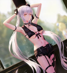 Rule 34 | 1girl, anchor ornament, arm belt, armpits, arms up, black hair, black ribbon, black shorts, black thighhighs, breasts, buckle, cleavage, closed mouth, collar, collarbone, day, dutch angle, fate/grand order, fate (series), jeanne d&#039;arc (fate), jeanne d&#039;arc alter (fate), jeanne d&#039;arc alter (mystery treasure) (fate), looking at viewer, medium breasts, midriff, navel, official alternate costume, open clothes, open fly, open shorts, revealing clothes, ribbon, sansan (dongfangzhong111), short shorts, shorts, silver hair, single thighhigh, smile, solo, stomach, thigh strap, thighhighs, torn clothes, torn thighhighs, twintails, underboob, window, yellow eyes