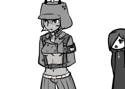 Rule 34 | 2girls, armband, arms behind back, bad id, bad tumblr id, black egrets, blue (bluevp), breasts, cosplay, cross, double-breasted, fang, greyscale, harness, helmet, inverted cross, military, military uniform, monochrome, ms. fortune (skullgirls), multiple girls, navel, parasoul (skullgirls), revealing clothes, scar, skullgirls, solo focus, underboob, uniform