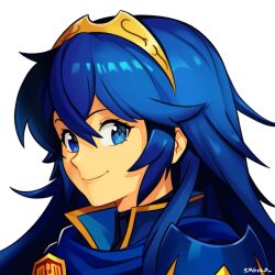 Rule 34 | 1girl, artist name, blue eyes, blue hair, brand of the exalt, closed mouth, commentary, english commentary, fire emblem, fire emblem awakening, hair between eyes, highres, long hair, looking at viewer, lucina (fire emblem), nintendo, smgold, smile, solo, symbol in eye, tiara, upper body, white background