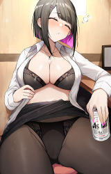 Rule 34 | 1girl, alcohol, asahi breweries, beer, black bra, black hair, black panties, black pantyhose, blush, bra, breasts, can, cleavage, closed eyes, drunk, hair ornament, hairclip, highres, holding, holding can, jewelry, large breasts, luse maonang, mole, mole under mouth, multicolored hair, nail polish, necklace, open clothes, open shirt, original, panties, pantyhose, parted lips, pink hair, shirt, short hair, skirt, sleeping, streaked hair, underwear, white shirt, yuuki mama
