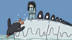 Rule 34 | &gt; &lt;, 1girl, bird, black hair, blue background, blue eyes, blue jacket, blue pants, blunt bangs, cold, fuchina (fucinami), funo-chan (fuchina), highres, jacket, jumping, long hair, original, outdoors, pants, penguin, queue, sky, snow, snowscape, solid eyes, solo, standing, too many, too many birds, track suit, trembling, water