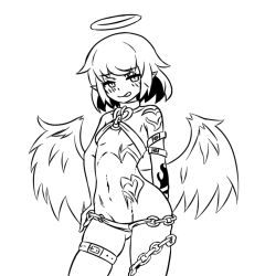 Rule 34 | 1girl, :q, arm belt, bare shoulders, blush, breasts, chain, cowboy shot, dark angel (monster girl encyclopedia), feathered wings, greyscale, groin, half-closed eyes, halo, hand on own hip, lineart, looking at viewer, monochrome, monster girl, monster girl encyclopedia, naughty face, nav (itsnav), navel, panties, panty pull, petite, pointy ears, short hair, small breasts, solo, stomach, tattoo, thigh strap, tongue, tongue out, underwear, wings