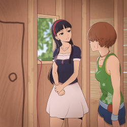 Rule 34 | 2girls, amagi yukiko, angry, arm at side, atlus, bare arms, bare legs, bare shoulders, black eyes, black hair, black shirt, blue shorts, blunt bangs, breasts, brown hair, clenched hand, closed mouth, collarbone, commentary, day, drake &amp; josh, empty eyes, floral print, green shirt, green tank top, hairband, half-closed eyes, head tilt, highres, indoors, jewelry, long hair, looking at another, meme, multiple girls, neck, necklace, nickelodeon, omniformblue, parody, persona, persona 4, red hairband, satonaka chie, shirt, short hair, short shorts, short sleeves, shorts, sidelocks, skirt, small breasts, standing, straight hair, sweatdrop, tank top, thighs, v arms, where&#039;s the door hole? (meme), white skirt, window, wooden wall, wristband