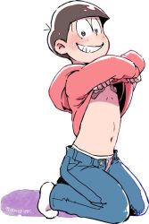 Rule 34 | 10s, 1boy, bandaid, bandaids on nipples, bowl cut, brown hair, clothes lift, denim, grin, heart, heart-shaped pupils, hood, hoodie, hoodie lift, janome (osmtpippi), jeans, looking at viewer, male focus, matsuno osomatsu, osomatsu-kun, osomatsu-san, osomatsu (series), pants, pasties, seiza, shirt lift, sitting, smile, solo, symbol-shaped pupils, twitter username, unbuttoned