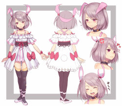 Rule 34 | 1girl, :d, ^ ^, anger vein, bare shoulders, black choker, black thighhighs, blush, bow, brown hair, character sheet, choker, closed eyes, closed mouth, collarbone, commentary request, doonatsu., dress, hair ornament, head tilt, highres, multiple views, off-shoulder dress, off shoulder, open mouth, original, purple eyes, red bow, red eyes, red ribbon, ribbon, round teeth, shoes, smile, tears, teeth, thighhighs, translation request, two side up, upper teeth only, virtual youtuber, wavy mouth, white dress, white footwear