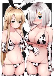 Rule 34 | 2girls, animal print, bikini, blonde hair, blue eyes, blush, breast envy, breast hold, breasts, cleavage, closed mouth, cow print, cow print bikini, elbow gloves, gloves, grabbing, grabbing own breast, hair ornament, hair over one eye, hairband, hairclip, hamakaze (kancolle), highres, kantai collection, large breasts, long hair, medium breasts, multiple girls, navel, nose blush, pout, print bikini, shimakaze (kancolle), short hair, side-tie bikini bottom, silver hair, simple background, swimsuit, thighhighs, tiemu (man190), yellow eyes