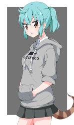 Rule 34 | 1girl, alternate costume, aqua hair, bad id, bad pixiv id, black skirt, brown eyes, clothes writing, commentary, cowboy shot, drawstring, grey background, grey jacket, hair between eyes, highres, hood, hood down, hooded jacket, jacket, kemono friends, looking at viewer, open mouth, pleated skirt, ponytail, short hair, short ponytail, simple background, skirt, snake tail, solo, striped tail, tail, takom, triangle mouth, tsuchinoko (kemono friends), wing collar