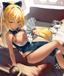 Rule 34 | 1girl, absurdres, bed, blonde hair, bow, breasts, china dress, chinese clothes, cleavage, crossed legs, dark-skinned female, dark skin, dress, elf, hair bow, hand fan, high ponytail, highres, holding, holding fan, hololive, kintsuba (shiranui flare), large breasts, long hair, looking at viewer, medium breasts, panty straps, pointy ears, red eyes, scottie (phantom2), shiranui flare, shiranui flare (1st costume), sitting, solo, thighs, virtual youtuber
