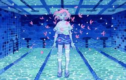 Rule 34 | 1girl, bubble, floating, floating hair, heikala, looking at viewer, original, parted lips, pink hair, pool, sandals, shirt, short hair, short sleeves, shorts, solo, surreal, underwater, white shirt, wide shot