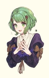Rule 34 | 1girl, alternate hair length, alternate hairstyle, black dress, bow, commentary, dress, english commentary, fire emblem, fire emblem: three houses, flayn (fire emblem), garreg mach monastery uniform, green eyes, green hair, hair ornament, highres, long sleeves, looking at viewer, nintendo, open mouth, own hands together, short hair, solo, upper body, velahka, yellow background