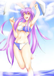 Rule 34 | 1girl, ;d, animal ears, arm up, armpits, beach, bikini, blush, breasts, cleavage, cloud, female focus, happy, highres, leg lift, leg up, legs, long hair, navel, niwatazumi, one eye closed, open mouth, purple hair, rabbit ears, red eyes, reisen udongein inaba, sketch, sky, smile, solo, standing, standing on one leg, strapless, strapless bikini, sunlight, swimsuit, touhou, tube top, very long hair, water, wink