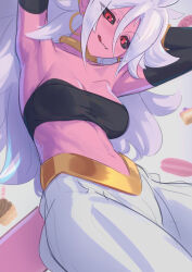 Rule 34 | 1girl, absurdres, android 21, armpits, arms up, bare shoulders, black sclera, black tube top, blush, bracelet, breasts, cake, collar, collarbone, colored sclera, colored skin, cupcake, daniel deves, detached sleeves, doughnut, dragon ball, dragon ball fighterz, earrings, food, hair between eyes, harem pants, highres, hoop earrings, jewelry, large breasts, licking lips, long hair, looking at viewer, macaron, majin android 21, navel, neck ring, pants, pink skin, pointy ears, red eyes, smile, solo, strapless, tail, tongue, tongue out, tube top, white hair, white pants