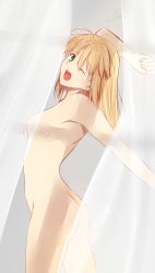 Rule 34 | 1girl, ahoge, artoria pendragon (fate), ass, blonde hair, breasts, cowboy shot, drawfag, fate/stay night, fate (series), green eyes, hair down, highres, long hair, looking back, nipples, non-web source, nude, one eye closed, open mouth, saber (fate), see-through, short hair, solo, stretching, tusia, wink, yawning