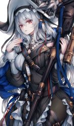 Rule 34 | 1girl, arknights, black dress, black hat, black pantyhose, black thighhighs, blue nails, breasts, circular saw, cleavage, cowboy shot, dress, grey hair, hair between eyes, hand up, hat, highres, holding, holding staff, long hair, long sleeves, looking at viewer, medium breasts, nail polish, official alternate costume, pantyhose, parted lips, red eyes, saw, snm (sunimi), solo, specter (arknights), specter the unchained (arknights), staff, thighhighs, thighhighs over pantyhose, two-tone dress, white background, white dress