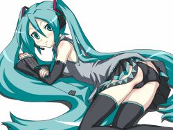 Rule 34 | 1girl, aqua nails, ass, blue eyes, blue hair, cameltoe, cleft of venus, detached sleeves, hatsune miku, long hair, lying, matching hair/eyes, nail polish, panties, solo, thighhighs, tofu (tf07px), twintails, underwear, vocaloid