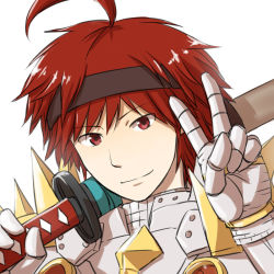 Rule 34 | 1boy, ahoge, armor, black headband, breastplate, chainmail, closed mouth, commentary request, gauntlets, headband, holding, holding sword, holding weapon, katana, looking at viewer, male focus, natsuya (kuttuki), over shoulder, pauldrons, ragnarok online, red eyes, red hair, rune knight (ragnarok online), short hair, shoulder armor, simple background, smile, spiked pauldrons, sword, sword over shoulder, upper body, v, weapon, weapon over shoulder, white background
