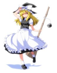 Rule 34 | 1girl, apron, bamboo broom, blonde hair, blush, broom, female focus, full body, hand on headwear, hat, kirisame marisa, long hair, mini-hakkero, okina ika, one eye closed, open mouth, simple background, skirt, smile, solo, touhou, waist apron, white background, wink, witch, witch hat, yellow eyes