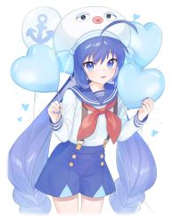 Rule 34 | 1girl, absurdres, ahoge, anchor print, balloon, blue collar, blue eyes, blue hair, blue nails, blue shorts, braid, collar, collared shirt, commentary, cowboy shot, eel hat, fang, heart, heart balloon, highres, holding, holding balloon, long hair, looking ahead, nail polish, otomachi una, parted lips, sailor collar, shirt, shorts, signature, skin fang, smile, solo, suiso sn3, suspender shorts, suspenders, twin braids, twintails, very long hair, vocaloid, white headwear, white shirt