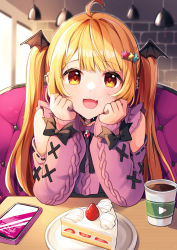 Rule 34 | 1girl, :3, :d, absurdres, ahoge, bare shoulders, bat wings, black bow, black ribbon, blonde hair, bow, cafe, cake, cake slice, cellphone, choker, clothing cutout, cup, disposable cup, ear piercing, fang, food, hair ornament, head rest, highres, hololive, jewelry, long hair, long sleeves, neck ribbon, open mouth, orange eyes, phone, piercing, ribbon, ribbon trim, shinomiya shino (sinosino141), short hair, shoulder cutout, sitting, skin fang, smartphone, smile, star (symbol), star hair ornament, strawberry shortcake, sweater, table, twintails, virtual youtuber, wing hair ornament, wings, yozora mel, yozora mel (jirai kei)