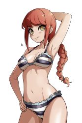 Rule 34 | 1girl, absurdres, arm behind head, armpits, bikini, blush, braid, braided ponytail, breasts, chainsaw man, cleavage, commentary, hand on own hip, highres, makima (chainsaw man), medium breasts, navel, oninuer, red hair, ringed eyes, simple background, solo, striped bikini, striped clothes, swimsuit, underboob, white background, yellow eyes