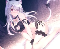 Rule 34 | 1girl, animal ear fluff, animal ears, arm ribbon, barefoot, between legs, black bow, black bra, black collar, black panties, black ribbon, blush, bow, bra, breasts, bridal garter, cat cutout, cat ears, cat girl, cat lingerie, cat tail, cave, cleavage, cleavage cutout, clothing cutout, collar, commentary request, embarrassed, eyes visible through hair, frilled bra, frilled panties, frills, hair over one eye, hand between legs, itoichi., long hair, looking at viewer, medium breasts, meme attire, open mouth, original, panties, red eyes, ribbon, silver hair, sitting, solo, tail, tail bow, tail ornament, underwear, wariza, wrist cuffs