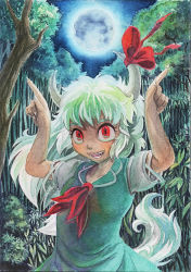 Rule 34 | 1girl, bamboo, bamboo forest, dress, ex-keine, fangs, forest, full moon, green dress, green hair, highres, horn ornament, horn ribbon, horns, horns pose, kamishirasawa keine, moon, nature, neckerchief, night, open mouth, painting (medium), puffy short sleeves, puffy sleeves, red eyes, ribbon, short sleeves, smile, tail, touhou, traditional media, watercolor (medium), yukiman