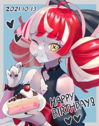 Rule 34 | 1girl, ;3, ahoge, bare shoulders, black bow, black dress, black nails, blunt bangs, blunt ends, blush, bow, cake, cake slice, closed mouth, colored skin, commentary, dated, double bun, dress, dress bow, eating, english commentary, fingernails, food, fork, grey skin, hair bow, hair bun, happy birthday, highres, holding, holding fork, hololive, hololive indonesia, kureiji ollie, long hair, looking at viewer, multicolored hair, multicolored skin, nail polish, one eye closed, patchwork skin, pink hair, red bow, red hair, silver hair, smile, solo, stitched arm, stitched face, stitched torso, stitches, stone (ksorede), symbol-shaped pupils, torn clothes, torn dress, two-tone skin, upper body, virtual youtuber, white skin, x-shaped pupils, yellow eyes, zombie