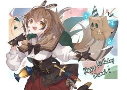 Rule 34 | 1girl, absurdres, balloon, belt, brown cloak, brown corset, brown hair, cloak, corset, english text, feather hair ornament, feathers, fingerless gloves, friend (nanashi mumei), gloves, hair ornament, happy birthday, highres, hololive, hololive english, jknor, lantern, long hair, looking at another, multicolored hair, nanashi mumei, nanashi mumei (1st costume), open mouth, ponytail, runes, streaked hair, virtual youtuber