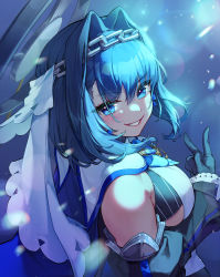 Rule 34 | 1girl, absurdres, bare shoulders, black gloves, blouse, blue eyes, blue hair, blush, breasts, chain, chain headband, commentary, detached sleeves, eyes visible through hair, from side, gloves, grin, hair between eyes, hair intakes, halo, head chain, highres, hololive, hololive english, jewelry, kokko (kokko3045), large breasts, long sleeves, looking at viewer, looking to the side, mechanical halo, ouro kronii, ouro kronii (1st costume), shirt, short hair, sleeveless, sleeveless shirt, smile, solo, symbol-only commentary, upper body, v, virtual youtuber