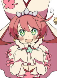 Rule 34 | 1girl, :d, ahoge, ascot, bad id, bad pixiv id, blush, breasts, bridal veil, cleavage, clover, dress, elphelt valentine, four-leaf clover, gloves, green eyes, guilty gear, guilty gear xrd, hairband, hands on own face, heart, heart-shaped pupils, heart ahoge, kumako (sono328), large breasts, long sleeves, looking at viewer, open mouth, pink hair, pink ribbon, puffy long sleeves, puffy sleeves, ribbon, short hair, simple background, sin kiske, smile, solo focus, spikes, symbol-shaped pupils, veil, white background, white gloves