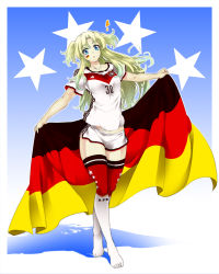 Rule 34 | 1girl, 2014 fifa world cup, blonde hair, blue eyes, breasts, collarbone, facepaint, flag, full body, german flag, germany, gradient background, heart, hip focus, holding, izuna nie, kneehighs, liz hohenstein, long hair, medium breasts, midriff, multicolored clothes, multicolored legwear, muv-luv, muv-luv alternative, no shoes, outstretched arms, parted lips, schwarzesmarken, short shorts, short sleeves, shorts, silhouette, soccer, soccer uniform, socks, solo, sportswear, standing, star (symbol), thighs, two side up, world cup