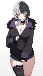 Rule 34 | 1girl, absurdres, black hair, blush, breasts, cleavage, daydarion, grey hair, hair ornament, highres, hololive, hololive english, jacket, large breasts, looking at viewer, medium hair, multicolored hair, naked jacket, nervous smile, partially unzipped, shiori novella, smile, split-color hair, tagme, two-tone hair, virtual youtuber, yellow eyes