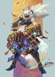 Rule 34 | 1girl, armored clothes, brown eyes, furry, furry female, highres, kiya 9, long hair, solo, sword, two fingers, weapon, white hair