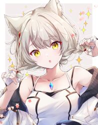 Rule 34 | 1girl, :o, alternate hairstyle, animal ear fluff, animal ears, bare shoulders, braid, breasts, camisole, cat ears, chest jewel, collarbone, core crystal (xenoblade), grey hair, highres, looking at viewer, mio (xenoblade), open mouth, short braid, short hair, solo, tank top, twin braids, ui frara, xenoblade chronicles (series), xenoblade chronicles 3, yellow eyes