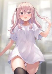 Rule 34 | 1girl, absurdres, asktyuni, black thighhighs, blurry, blurry background, blush, borrowed clothes, breasts, commentary, crossed bangs, dot nose, gluteal fold, hair between eyes, hand up, highres, inui sajuna, long hair, looking at viewer, no pants, pink hair, shirt, short sleeves, skindentation, small breasts, solo, sono bisque doll wa koi wo suru, thigh gap, thighhighs, thighs, two side up, v-shaped eyebrows, white shirt