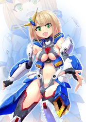 Rule 34 | blonde hair, breasts, clothing cutout, fingerless gloves, gloves, green eyes, gundam, gundam 0080, gundam alex, highleg, highres, i.takashi, looking at viewer, mecha musume, medium breasts, midriff, navel, open hands, open mouth, personification, short hair, sideboob, smile, solo, stomach cutout, underboob, v-fin, zoom layer