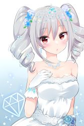 Rule 34 | 10s, 1girl, bare shoulders, blush, breasts, collarbone, dress, drill hair, earrings, female focus, flower, gem (symbol), gloves, hair flower, hair ornament, hand on own chest, idolmaster, idolmaster cinderella girls, jewelry, kanzaki ranko, looking at viewer, medium breasts, necklace, red eyes, silver hair, solo, strapless, strapless dress, tiara, trente, twin drills, upper body, white dress, white gloves