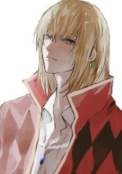 Rule 34 | 1boy, blonde hair, blue eyes, closed mouth, earrings, gem, hair between eyes, highres, howl (howl no ugoku shiro), howl no ugoku shiro, inuo (inuo x), jewelry, long hair, male focus, necklace, simple background, solo, upper body, white background