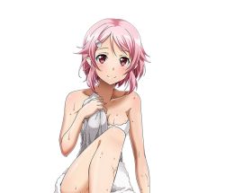 Rule 34 | 1girl, breasts, cleavage, collarbone, hair ornament, hairclip, lisbeth (sao-alo), looking at viewer, medium breasts, naked towel, pink hair, pointy ears, red eyes, short hair, smile, solo, sword art online, towel, transparent background, wet, white towel