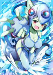 Rule 34 | 1girl, alternate breast size, artist request, blue headwear, blue one-piece swimsuit, blush, breasts, cleavage, clothing cutout, colored skin, digimon, fang, fins, fish girl, green skin, head fins, helmet, highres, large breasts, looking at viewer, navel cutout, one-piece swimsuit, ranamon, red eyes, ringed eyes, shiny skin, side cutout, skin fang, swimsuit, water, wide hips