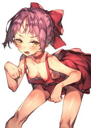 Rule 34 | 1girl, bare arms, bare shoulders, blush, bow, breasts, choker, commentary, downblouse, dress, extended downblouse, fang, feet out of frame, gegege no kitarou, hair bow, hanging breasts, leaning forward, looking at viewer, nekomusume, nekomusume (gegege no kitarou 6), nipples, no bra, open mouth, orange eyes, paw pose, perky breasts, pointy ears, purple hair, red bow, red choker, red dress, redcomet, revision, short dress, short hair, simple background, skinny, sleeveless, sleeveless dress, small breasts, solo, white background