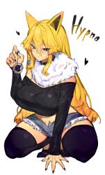 Rule 34 | animal ears, belt collar, black nails, blonde hair, blush, breasts, collar, colored skin, creatures (company), crop top, embarrassed, fur collar, game freak, gen 1 pokemon, heart, heart-shaped pupils, highres, huge breasts, hypno, long hair, looking at viewer, midriff, nintendo, pendulum, pokemon, pokemon (creature), shorts, symbol-shaped pupils, thick thighs, thighhighs, thighs, togetoge, yellow skin, zettai ryouiki