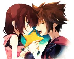 Rule 34 | 1boy, 1girl, bare shoulders, brown hair, clear 2758, closed eyes, dress, food, fruit, hair between eyes, happy tears, holding, holding another&#039;s wrist, holding food, holding fruit, hood, hood down, hooded dress, kairi (kingdom hearts), kingdom hearts, kingdom hearts iii, open mouth, paopu fruit, pink dress, red hair, short hair, smile, sora (kingdom hearts), spiked hair, tears, upper body