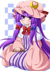 Rule 34 | 1girl, blush, book, bow, capelet, coat, crescent, dress, eichi yuu, hair ribbon, hat, highres, long hair, long sleeves, mob cap, open clothes, open coat, open mouth, patchouli knowledge, purple eyes, purple hair, ribbon, sitting, solo, striped clothes, striped dress, touhou, tress ribbon, very long hair, wide sleeves
