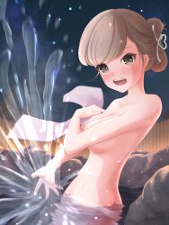 Rule 34 | 1girl, absurdres, ass, azeshan, breasts, brown eyes, brown hair, cloud, covering privates, covering breasts, cue!, fence, hair up, highres, large breasts, mutsuishi haruna, night, nude, outdoors, partially submerged, rock, short hair, sky, solo, splashing, standing, star (sky), towel, water