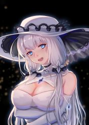 Rule 34 | 1girl, :d, azur lane, bare shoulders, blue eyes, blunt bangs, blurry, blurry background, blush, breast hold, breasts, cleavage, cleavage cutout, clothing cutout, dark background, dress, elbow gloves, eyelashes, gem, gloves, hair ribbon, hat, head tilt, highres, illustrious (azur lane), jewelry, large breasts, long hair, looking at viewer, low-tied long hair, necklace, open mouth, pendant, ribbon, round teeth, silver hair, sleeveless, sleeveless dress, smile, solo, sun hat, teeth, upper body, very long hair, white dress, white gloves, white hat, you ni ge shaobing