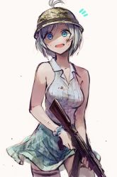 Rule 34 | .live, 1girl, ahoge, assault rifle, blue eyes, cowboy shot, crazy eyes, gun, helmet, highres, holding, holding weapon, looking at viewer, open mouth, rifle, silver hair, simple background, dennou shoujo siro, skirt, sleeveless, solo, tentsu, thighhighs, virtual youtuber, weapon