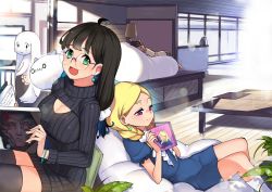 Rule 34 | 1boy, 2girls, :d, ahoge, black hair, blonde hair, book, bracelet, closed mouth, creature, day, dress, glasses, green eyes, highres, holding, holding book, indoors, jewelry, long hair, looking at viewer, md5 mismatch, meme attire, multiple girls, open-chest sweater, open book, open mouth, original, red eyes, rumo, short hair, sitting, sleeping, smile, sweater, thighhighs, turtleneck